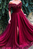 burgundy prom dress off shoulder half sleeves tulle with appliques dress