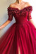 burgundy prom dress off shoulder half sleeves tulle with appliques dress