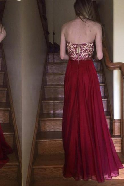 burgundy prom dress sweetheart beaded bodice chiffon long formal gown mp850