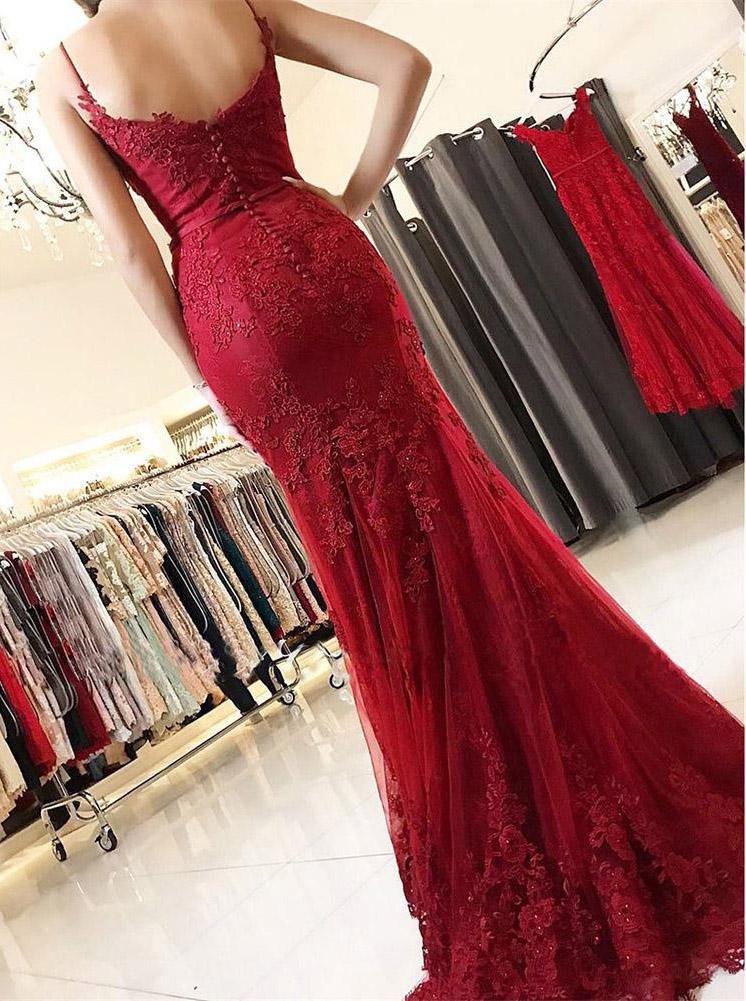burgundy spaghetti straps mermaid trumpet long lace prom dress mp964