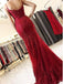 burgundy spaghetti straps mermaid trumpet long lace prom dress