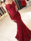 Burgundy Spaghetti Straps Mermaid/Trumpet Long Lace Prom Dress MP964