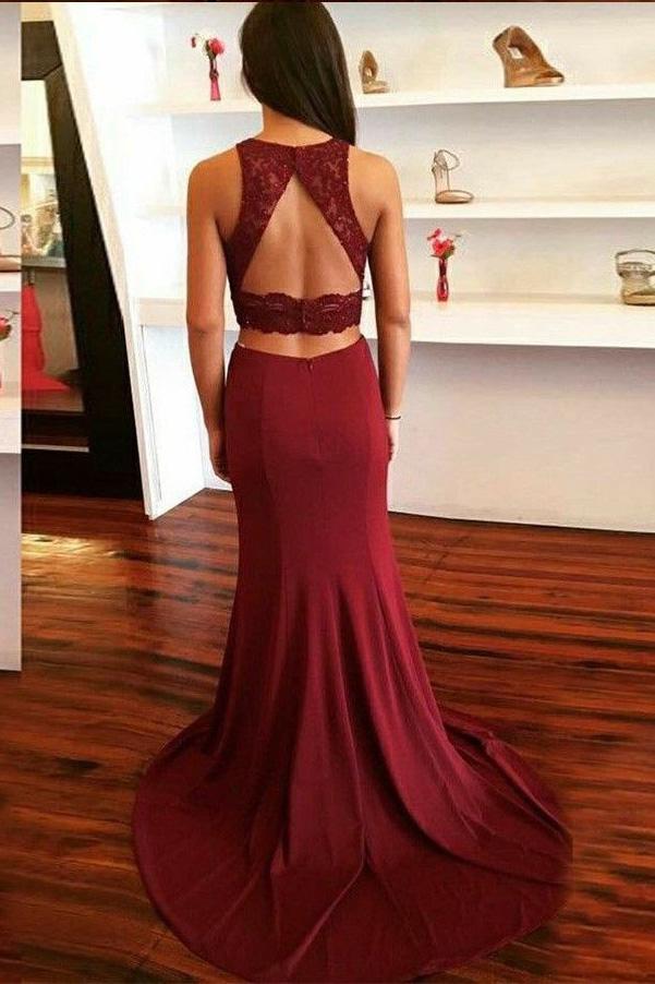 burgundy two piece prom dress keyhole back with lace appliques mp848