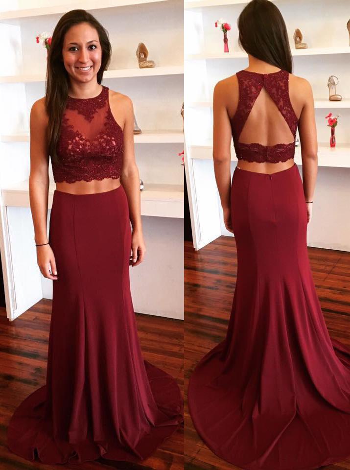burgundy two piece prom dress keyhole back with lace appliques mp848
