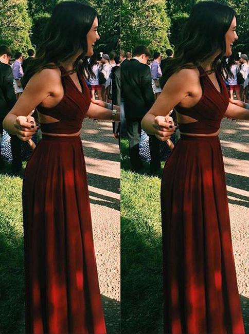 burgundy two piece long prom dress chiffon sexy evening gowns mp868