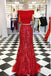off the shoulder red lace mermaid long two piece prom dresses