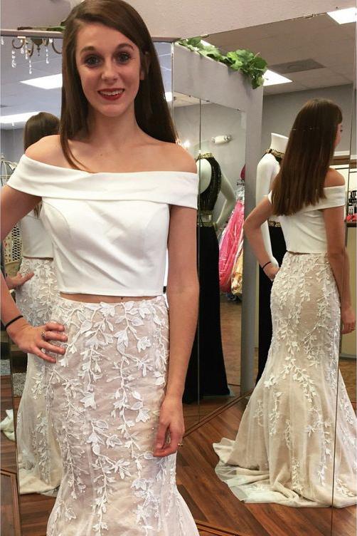 off the shoulder red lace mermaid long two piece prom dresses