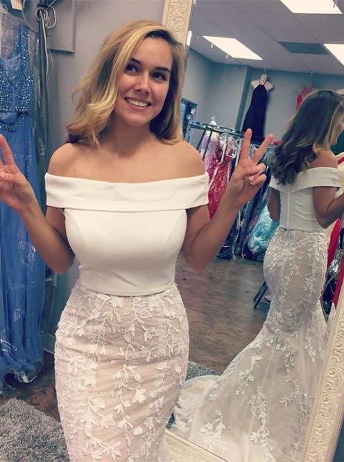 off the shoulder red lace mermaid long two piece prom dresses