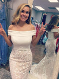 off the shoulder red lace mermaid long two piece prom dresses