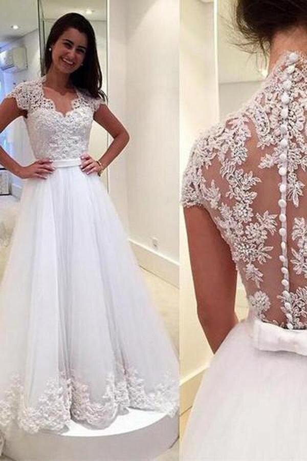 cap sleeve tulle white lace wedding dress elegant a line bridal gowns