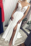 Cap Sleeves White Lace Beach Wedding Dress, Chiffon Boho Bridal Gown With Split PW412