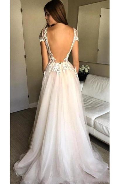 cap sleeve a line lace tulle long backless prom dress slit evening dress mp959