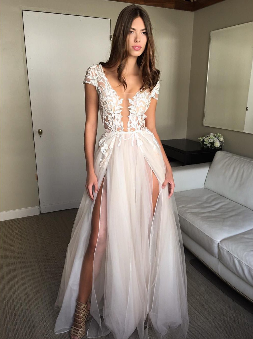 cap sleeve a line lace tulle long backless prom dress slit evening dress