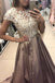 cap sleeves long prom dress satin lace appliques formal gown