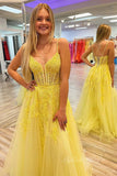 Charm A Line V Neck Yellow Appliques Tulle Prom Dresses with Lace-up GP495