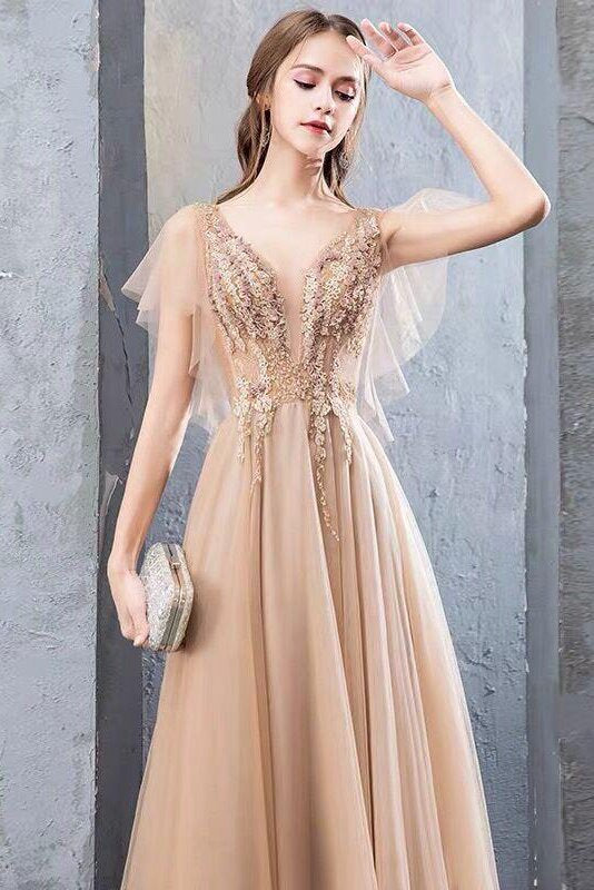 Charming A-Line Short Sleeves Tulle Prom Dresses Long Evening Gown With Beading