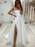 Charming White A-line Beach Long Wedding Dresses, Simple Slit Wedding Dress PW471