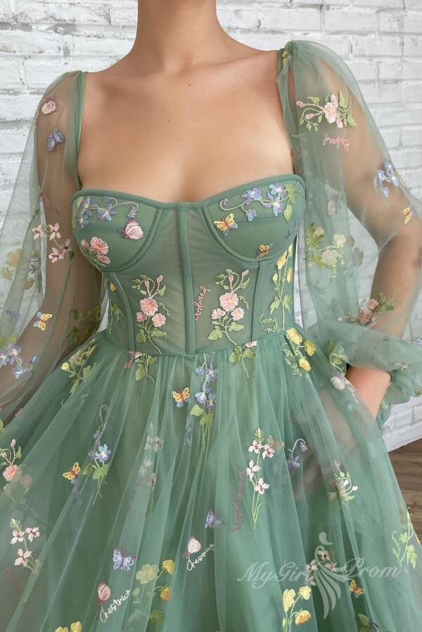 Charming Floral Prom Dress Ankle Length A-line Long Sleeves Party Gown GP468