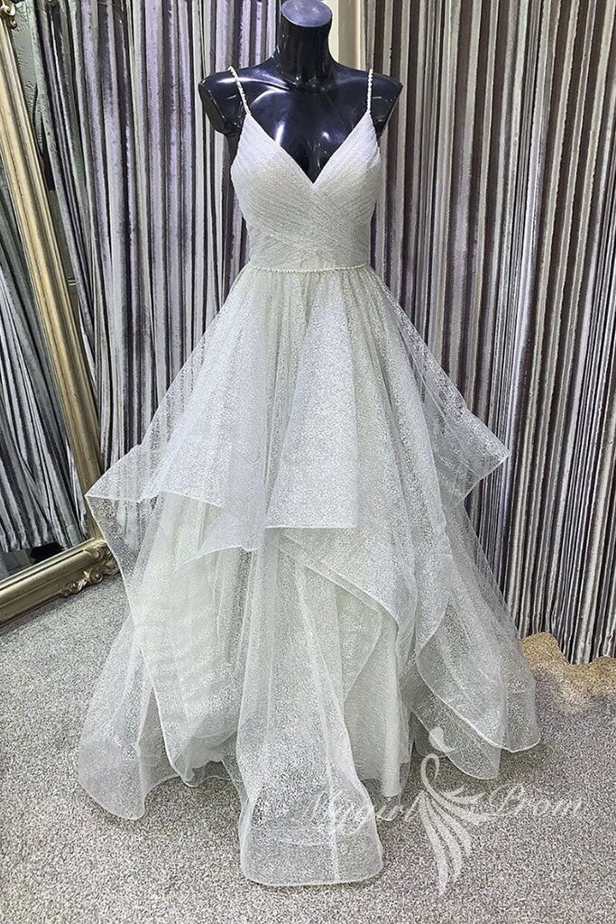 charming gray v neck tulle sequin long prom dress long graduation gown