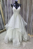 Charming Gray V-neck Tulle Sequin Long Prom Dress, Long Graduation Gown GP430