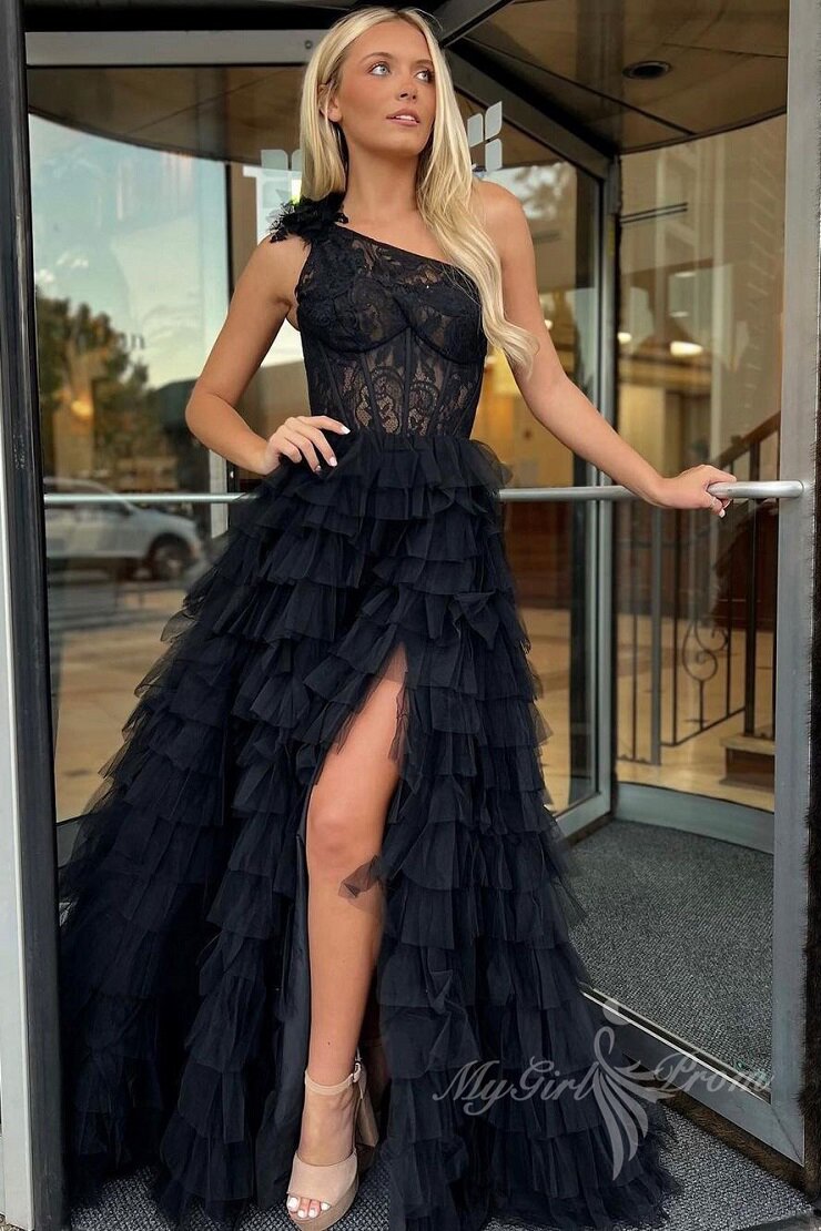 Charming One Shoulder Tulle Black Ruffles Lace Long Prom Dresses with Slit GP471