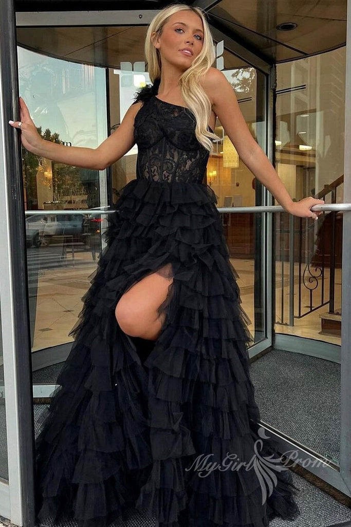 charming one shoulder tulle black ruffles lace long prom dresses with slit