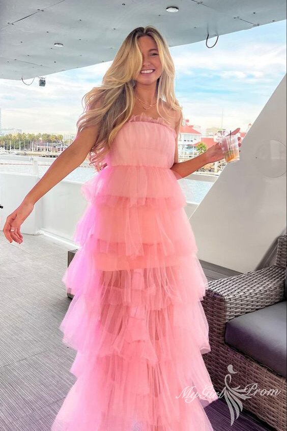 charming pink tulle layered prom dress strapless sleeveless evening gown