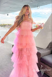 Charming Pink Tulle Layered Prom Dress Strapless Sleeveless Evening Gown GP444