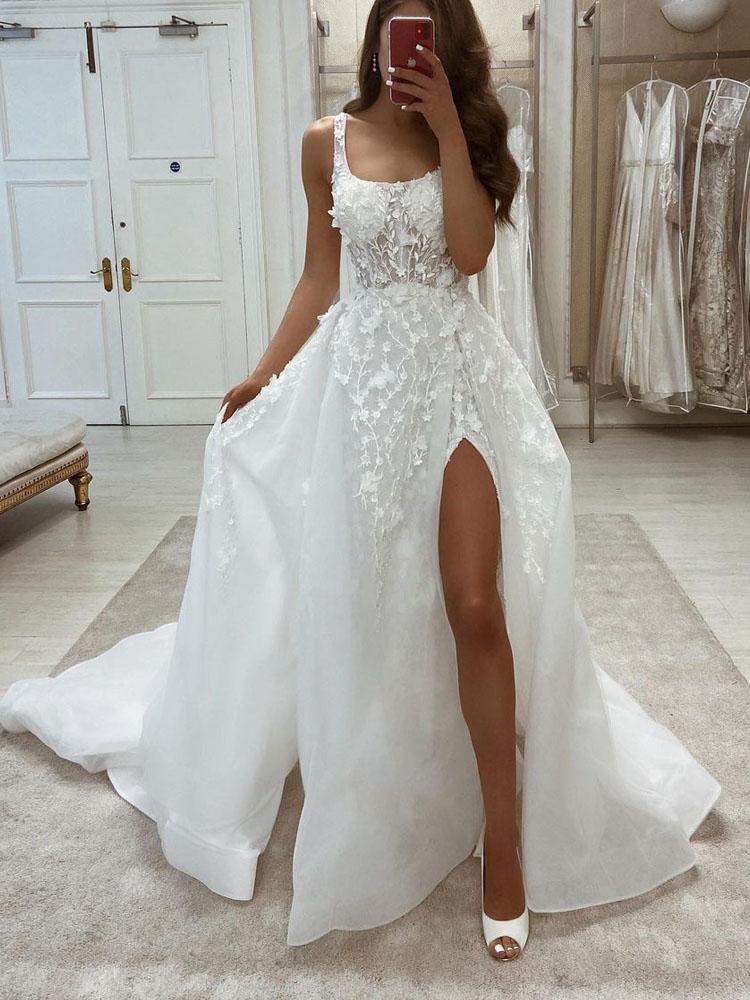 charming lace applique mermaid wedding dresses with detachable train