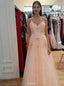 Charming A-line Blush Pink Beaded Long Prom Dresses For Teens MP797