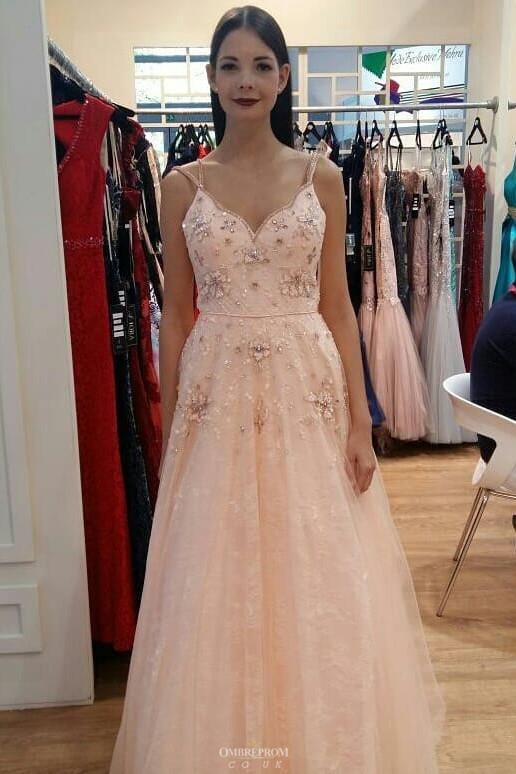 charming a line blush pink beaded long prom dresses for teens