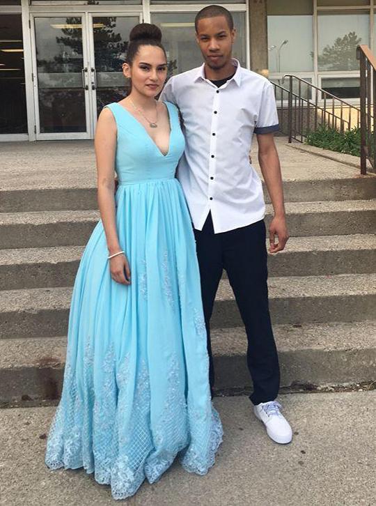 charming blue long prom dress chiffon a line v neck graduation dress