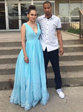 charming blue long prom dress chiffon a line v neck graduation dress