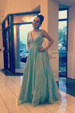 charming blue long prom dress chiffon a line v neck graduation dress