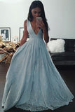charming blue long prom dress chiffon a line v neck graduation dress