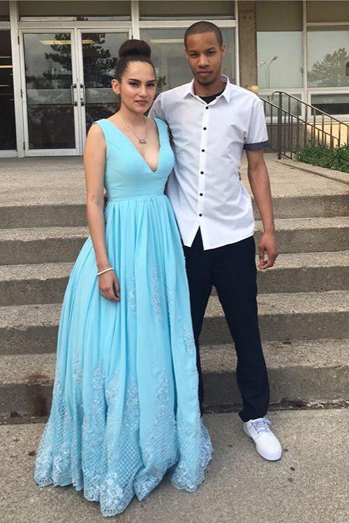 charming blue long prom dress chiffon a line v neck graduation dress