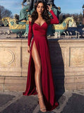 charming burgundy off the shoulder long sleeves prom dress with slit mp877