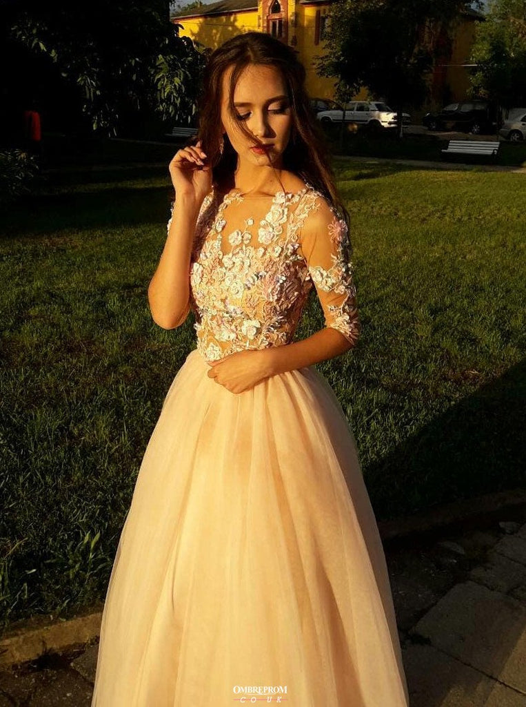 charming floral appliques long prom dresses with 3 4 sleeves