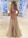 charming round neck split tulle long prom dress with floral appliques