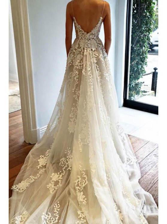 boho lace appliques wedding dress, princess spaghetti straps beach wedding dress pw281