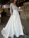 a line v neck lace long sleeves satin wedding dress with pocket