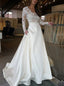 A-line V-neck Lace Long Sleeves Satin Wedding Dress With Pocket PW268