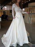 V-neck Lace Long Sleeves Satin Wedding Dress With Pocket PW268