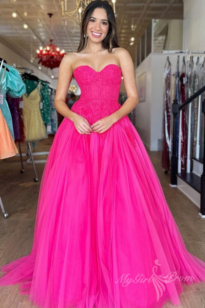 chic hot pink tulle long prom dress sweetheart sleeveless evening dress
