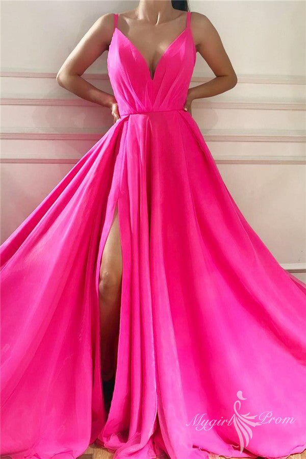 Chic Spaghetti Straps Slit Long Hot Pink Prom Dresses, V-neck Formal Party Gowns GP432