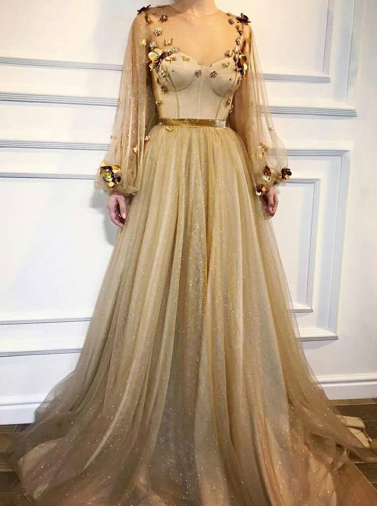 Bling Bling A-Line Scoop Long Sleeves Gold Prom Dress With 3D Floral MP961
