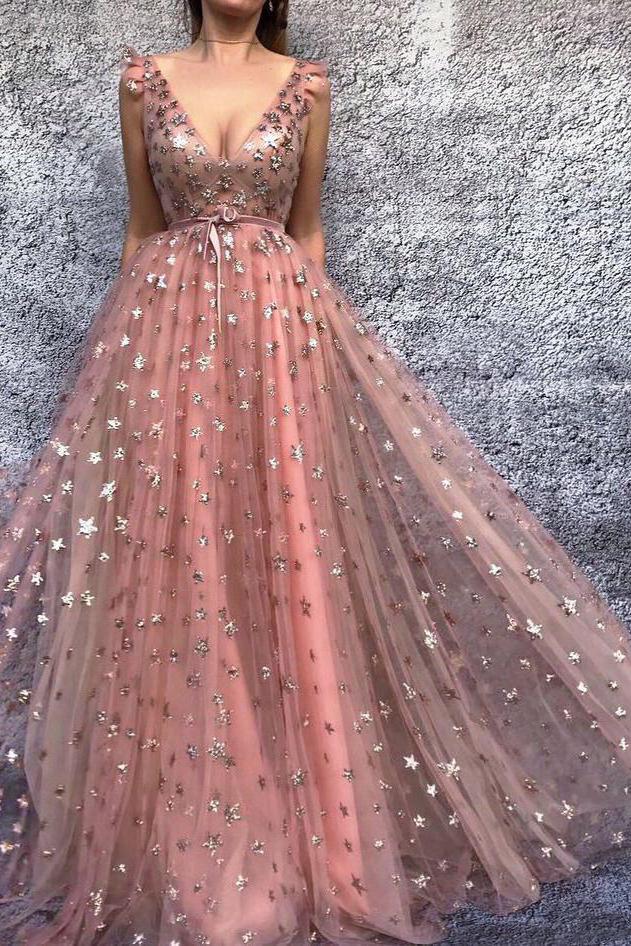 a line stars sequin long prom dress starry night formal evening dress