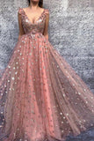 a line pink long prom dresses starry night formal evening dresses