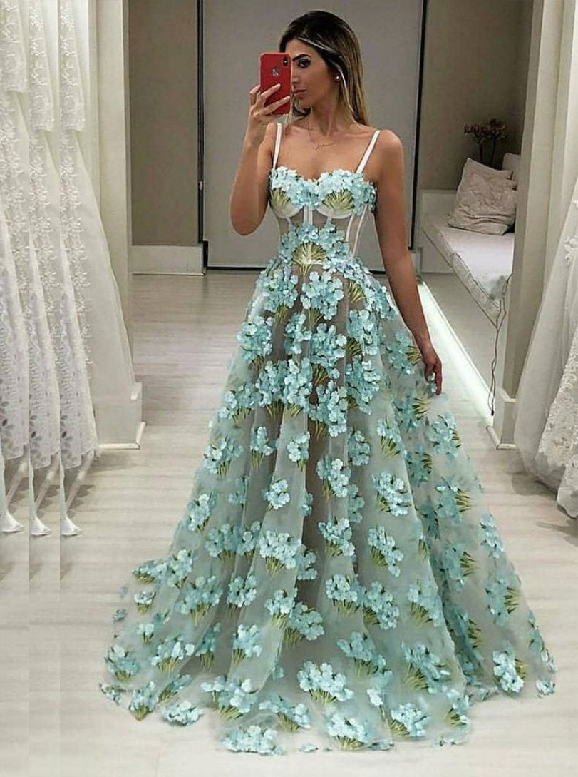 Chic A-line Spaghetti Straps Tulle 3D Floral Long Prom Dress MP953