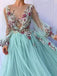 chic princess scoop floral applliques long puff sleeves prom dress